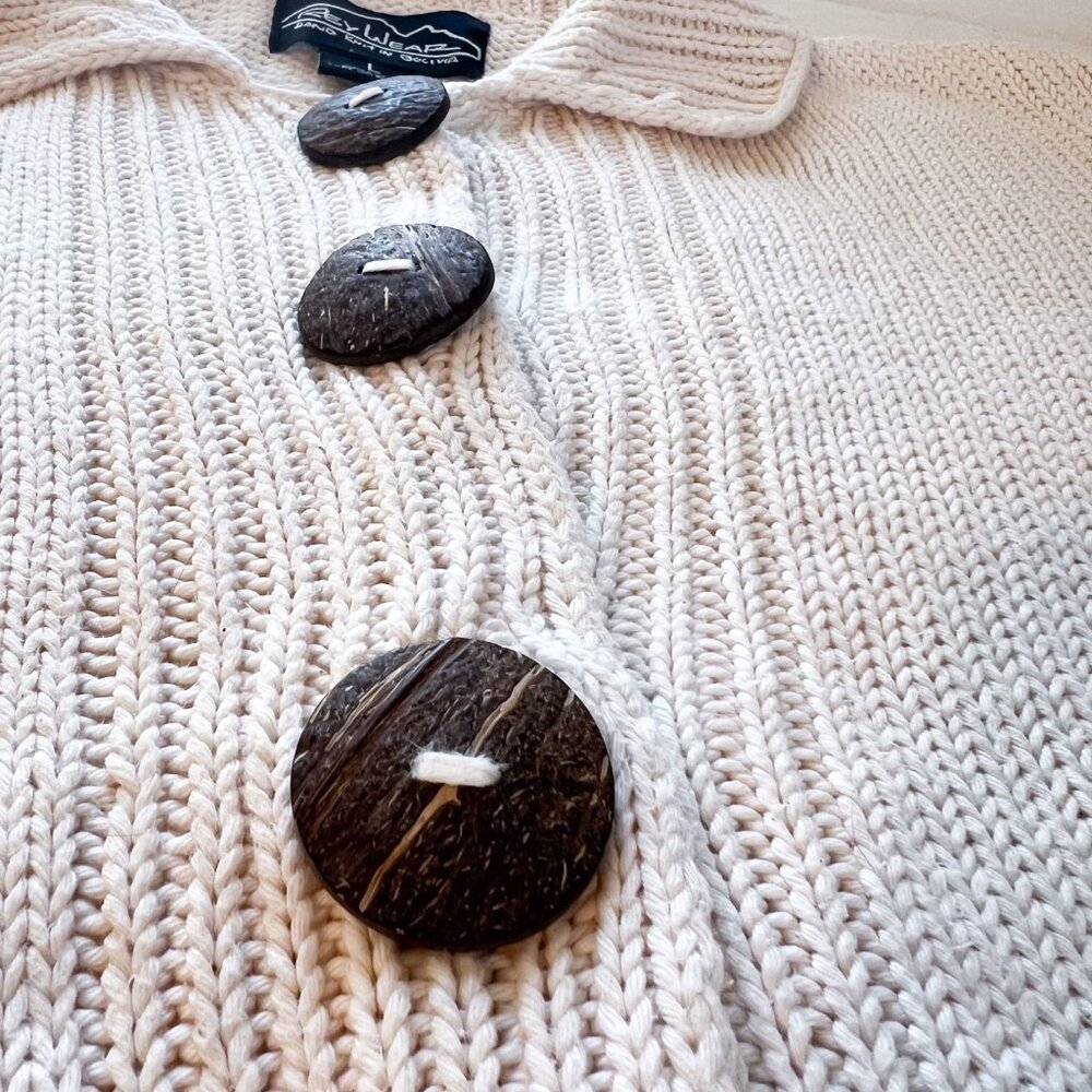 VINTAGE Rey Wear Hand Knit Cardigan100% Cotton Bolivia Chunky Knit Sweater L - Picture 4 of 8